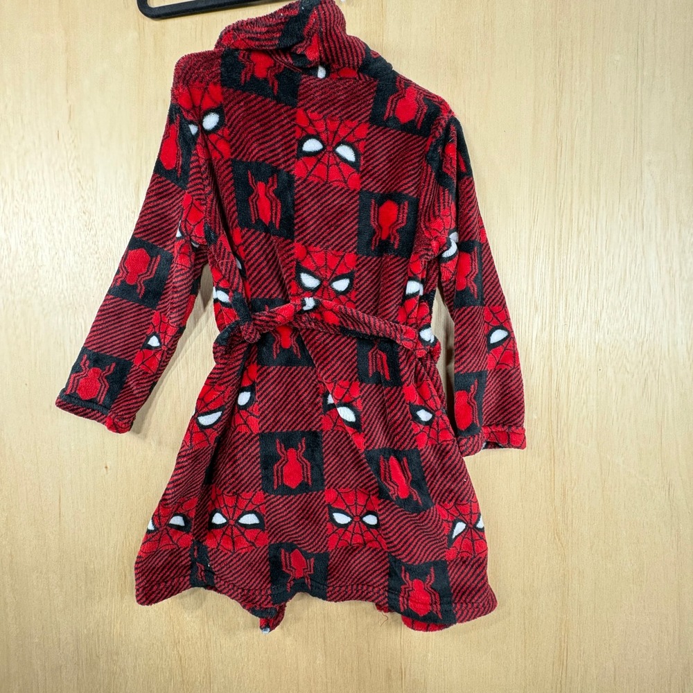 Marvel Spiderman Boys Plush Fleece Robe Red Black Checkered Spider Logo Bathrobe
